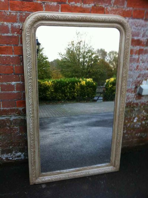 A Highly Useful Large 19th Century French Carved Wood and Gesso Arched Top Painted Mirror.