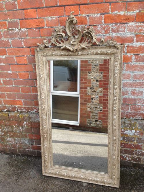 Large Antique French Carved Wood and Gesso Painted Mirror