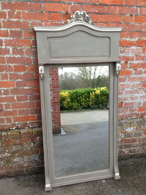 Large Antique French 19th Century Carved Wood Painted Mirror.
