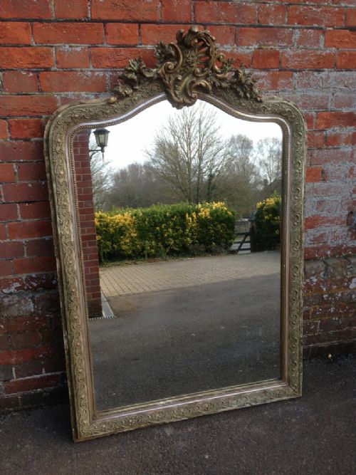 Large 19th Century French Antique Carved Wood & Gesso Silver Gilt Mirror.