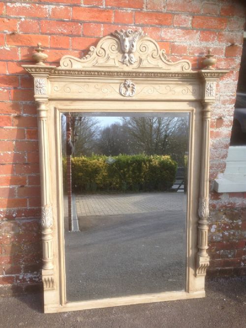A Highly Decorative French Large Antique 19th Century Carved Wood Painted Mirror.