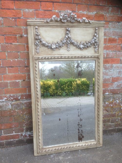 A Highly Decorative Carved Wood and Gesso Large Antique 19th Century French Painted Mirror.