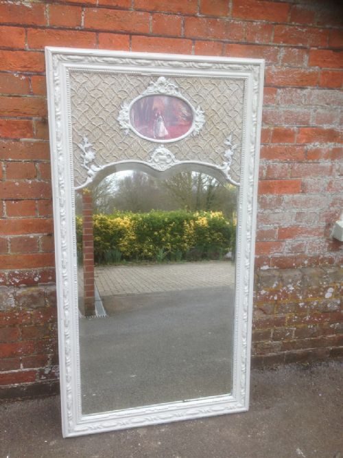 A Stunning Large Antique 19th Century French Carved Wood and Gesso Painted Trumeau Mirror.