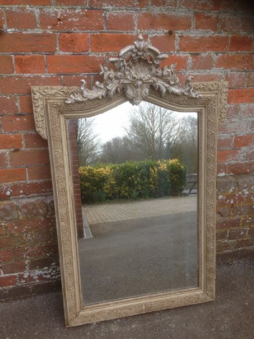A Good Sized Shaped Top French Antique 19th Century Carved Wood and Gesso Painted Mirror.