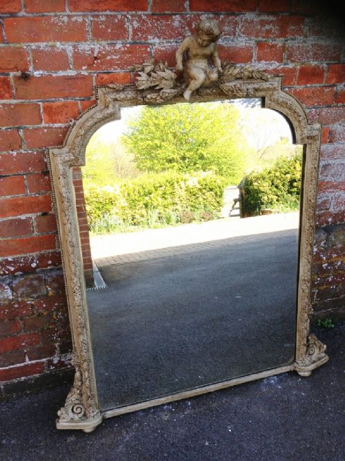 A Fabulous Good Size Unusual Antique 19th Century French Carved Wood & Gesso Painted Overmantal Mirror.