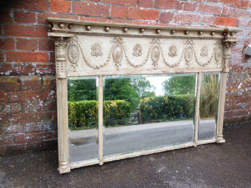 A Good Size Antique 19th Century French Carved Wood Painted Overmantal 3 Section Mirror.