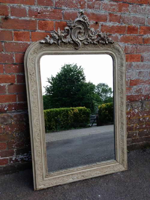 A Very Useful Size Early Antique 19th Century French Carved Wood & Gesso Painted Mirror.