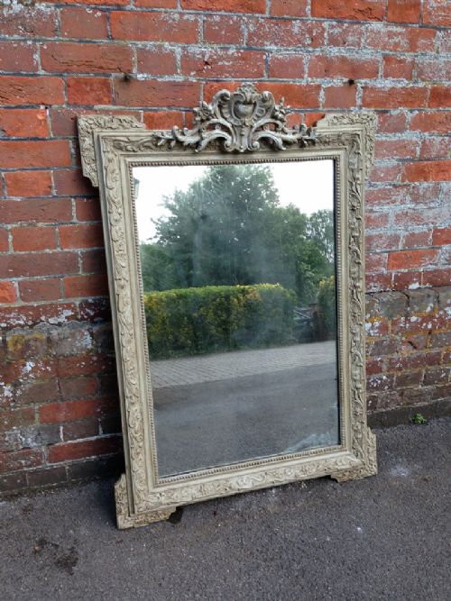 A Good Size Early Antique 19th Century French Carved Wood & Gesso Painted Mirror.