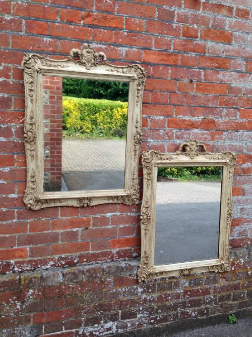 A Highly Unusual Pair of French Antique 19th Century Painted Decorative Carved Wood & Gesso Mirrors.