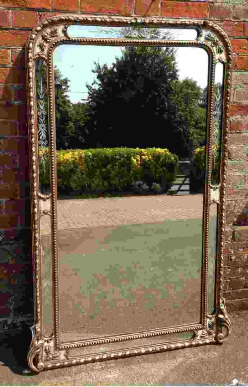 A Highly Unusual Large Antique 19th Century French Arched Top Carved Wood & Gesso Mirror.