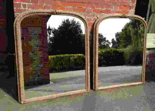 A Very Useful and Unusual Pair of Large Antique French 19th Century Carved Wood & Painted Arched Top Mirrors.