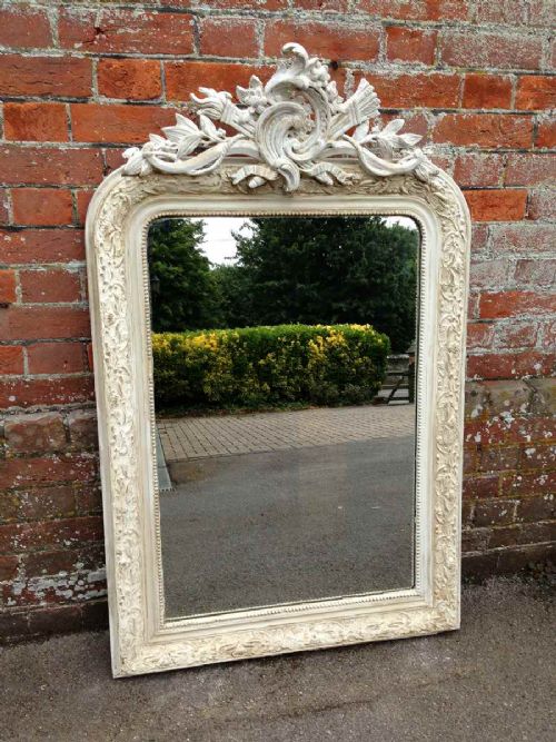 A Very Useful Size Antique 19th Century French Carved Wood & Gesso Painted Mirror.
