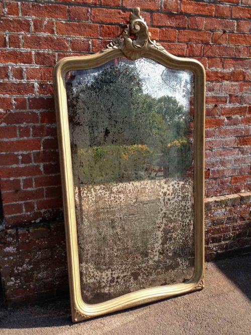 A Stunning Large Early Antique 19th Century French Carved Wood Painted Shaped Top Mirror.