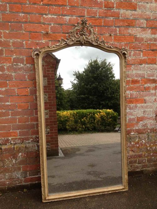 A Wonderful Large Antique 19th Century French Carved Wood & Gesso Painted Shaped Top Mirror.