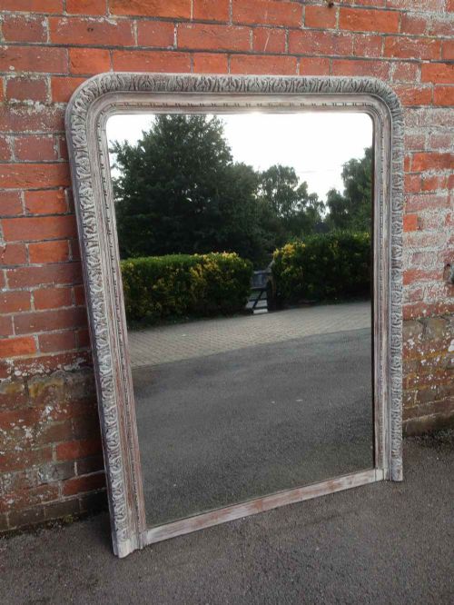 A Very Useful Size Shaped Top Large Antique 19th Century French Carved Oak Distressed Painted Mirror.