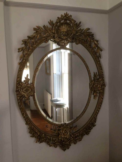 A Wonderful Large Antique 19th Century French Carved Wood Oval Ornate Wall Mirror.