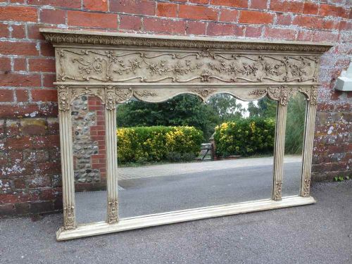 A Highly Useful Good Size Large Antique 19th Century English Original Painted Decorative Three Section Overmantel Mirror.
