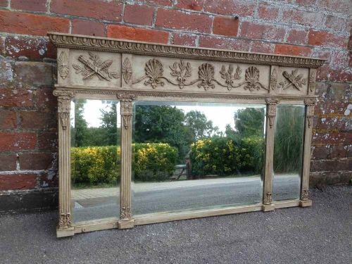 A Wonderful and Highly Useful Size Carved Wood Painted French 3 Section Overmantel Mirror.