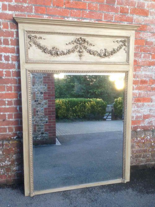 A Wonderful Large Antique 19th Century French Carved Wood Painted Grey Mirror