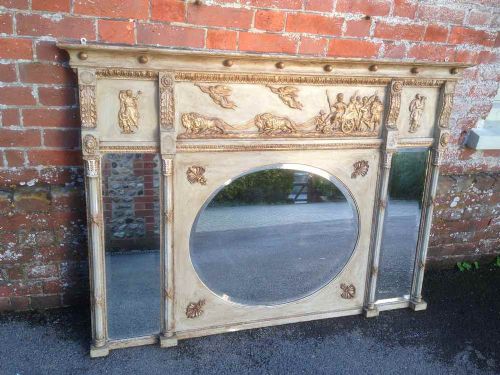 A Highly Unusual Decorative Large Early 19th Century English Carved Wood & Gesso Painted Distressed Overmantel Mirror.