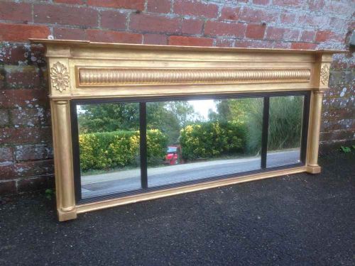 A Very Useful Size Original Antique 19th Century English Regency Gilt 3 Plate Overmantel Mirror.