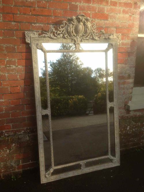 A Stunning Highly Decorative Large Antique 19th Century French Carved Wood and Gesso Painted Mirror.