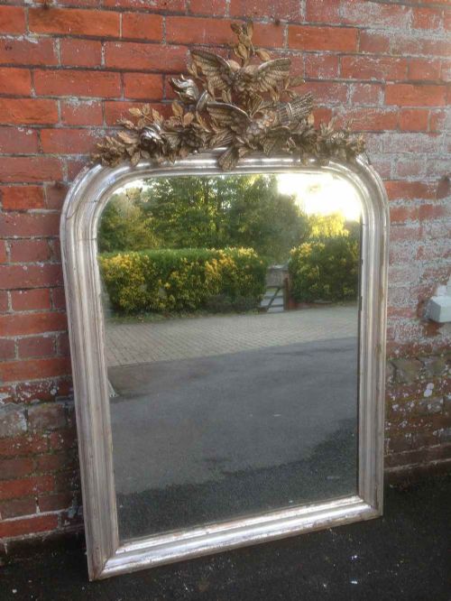 A Highly Decorative Original Large Antique 19th Century French Arched Top Distressed Silvered Mirror.