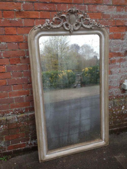 A Large Highly Decorative Antique 19th Century French Carved Wood & Gesso Painted Distressed Mirror.