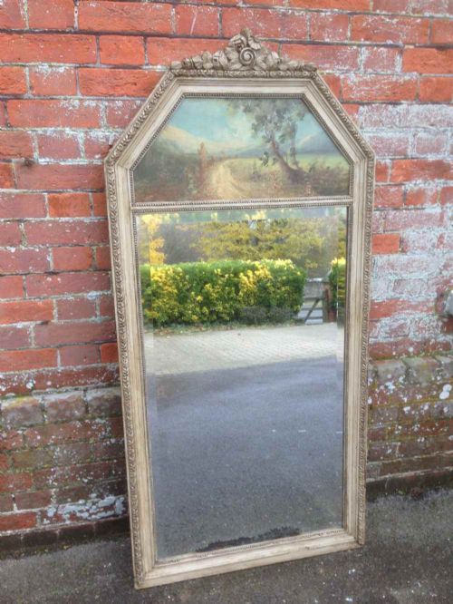 An Unusual Large Antique 19th Century French Carved Wood Painted Mirror with Wonderful Shaped Top.
