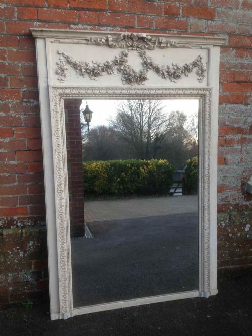 A Fabulous Large Antique 19th Century French Original Painted Carved Wood Distressed Mirror