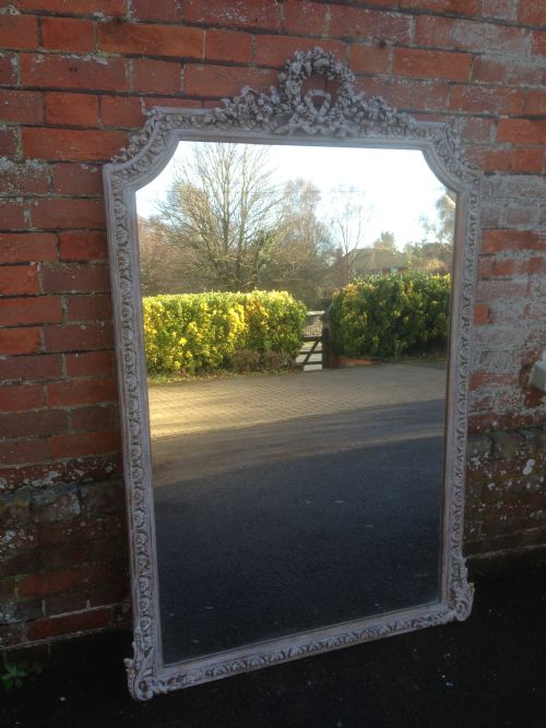 A Stunning Large Antique 19th Century French Carved Wood and Gesso Distressed Painted Mirror