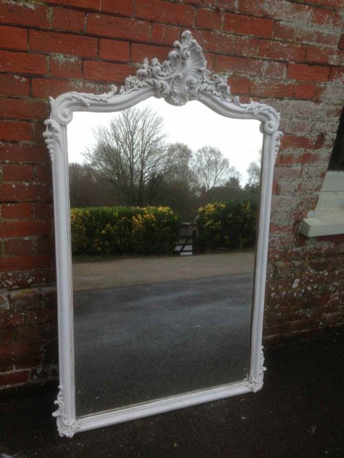 A Highly Decorative Large Antique 19th Century French Carved Wood and Gesso Painted Mirror