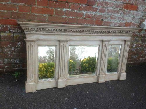 A Useful Size Antique 19th Century English Triple Plate Carved Wood and Painted Overmantel Mirror.