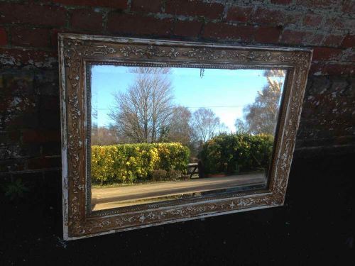 A Very Useful Size Original Antique 19th Century French Carved Wood and Gesso Cream and Gilt Distressed Mirror.