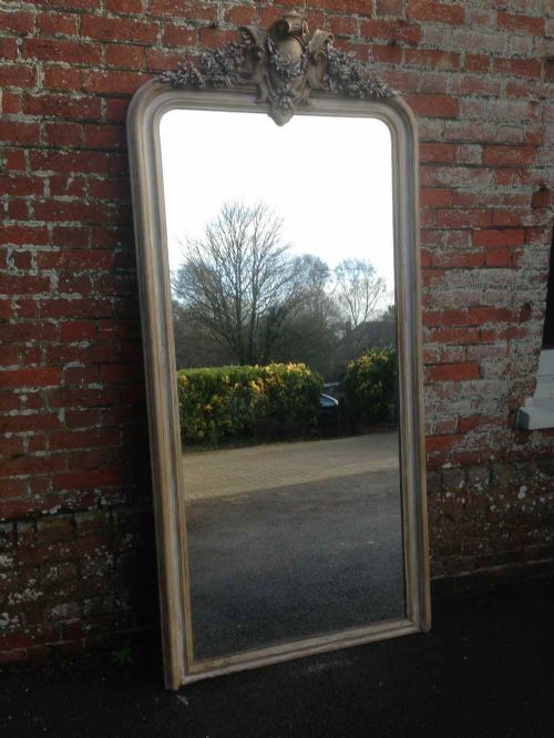 A Stunning Extra Large Antique 19th Century French Carved Wood & Gesso Painted Arched Top Mirror.
