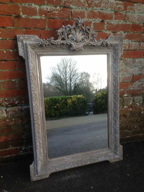 A Useful Size Antique 19th Century French Carved Wood & Gesso Distressed Painted and Silvered Mirror.