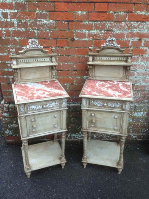 A Highly Decorative Pair of Antique 19th Century French Carved Painted Wood Bedside Tables.