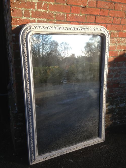 A Very Useful Size Large Antique 19th Century French Carved Wood & Gesso Arched Top Painted Mirror.
