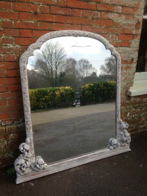 A Fabulous Large Antique 19th Century English Carved Wood Walnut Distressed Painted Overmantel Mirror.