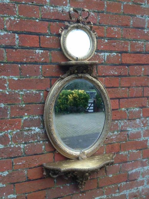 A Highly Unusual Very Useful Size Early Antique 19th Century French Carved Wood & Gesso Original Gilt Double Oval Mirror with Fixed Console.