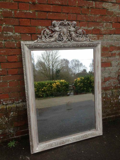 A Stunning Highly Decorative Large Antique 19th Century French Carved Wood and Gesso Painted Distressed Mirror.