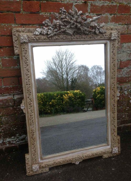 A Good Size Antique 19th Century French Carved Wood & Gesso Painted Mirror.