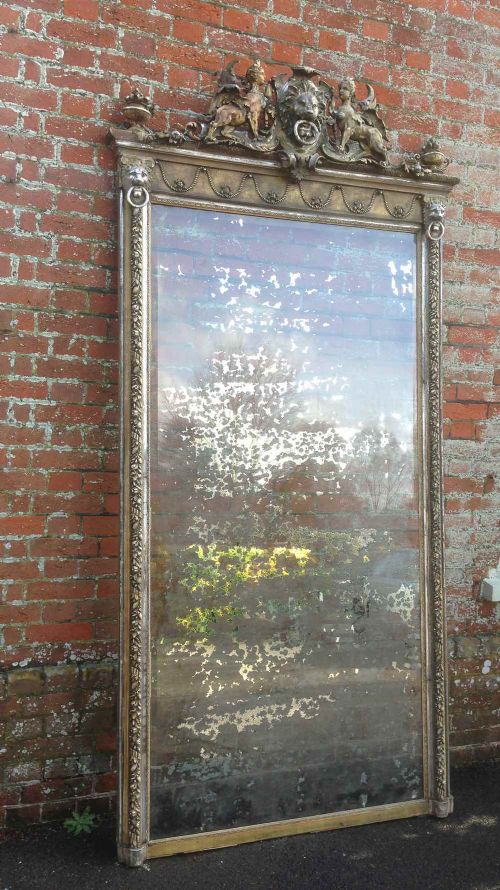 An Absolutely Stunning Carved Wood and Gesso Highly Unusual Extra Large Early Antique 19th Century French Distressed Mirror.