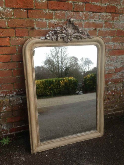 A Very Useful Size Antique 19th Century French Carved Wood & Gesso Arched Top  Painted Mirror.