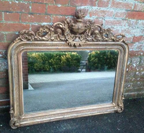 A Highly Unusual and Very Useful Size Early Antique 19th Century French Distressed Original Silver Gilt Overmantel Mirror.