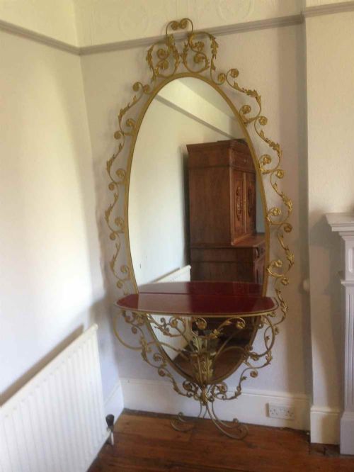 A Stunning Original Art Deco Large Gilt Shaped Mirror/console Table with Original Glass Top.