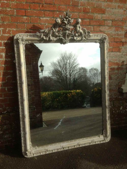 A Fabulous Large Highly Decorative Antique 19th Century
french Original Carved Wood and Gesso Distressed Painted  Mirror.