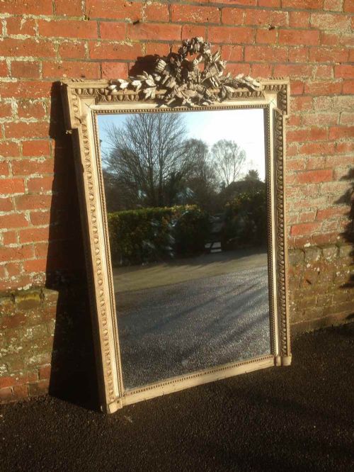 A Highly Decorative Large Shaped Top Antique 19th Century French Carved Wood & Gesso Painted Mirror.