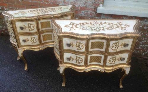 A Pair of Highly Decorative Italian Carved Wood Cream and Gilt 2 Drawer Commodes.