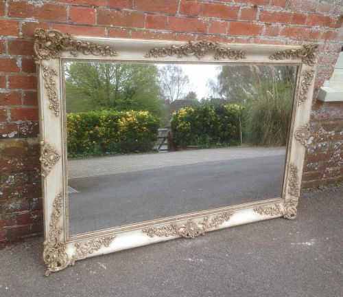 A Wonderful Early Highly Decorative Large Antique 19th Century French Carved Wood and Gesso Distressed Painted Louis Phillipe Mirror.